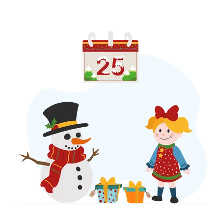 Snowman And Girl Enjoy December 25 Illustration