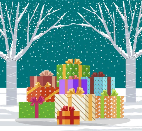 Winter Landscape And Presents For Christmas Celebration Forest With Snowfall And Trees Decorated With Garlands Xmas And New Year Holidays Gifts Pile Of Boxes With Ribbon Bows Vector In Flat Illustration