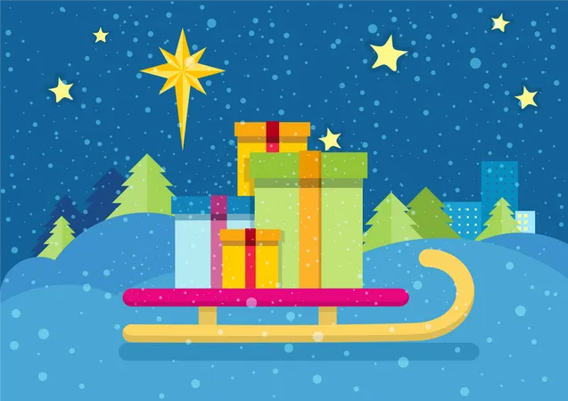 Christmas Presents On The Sledge On The Background Of Snowy Landscape And Night Star Sky Toboggan With Gift Boxes New Year And Xmas Concept Sleigh Carrying Cadeaus Star Of Bethlehem Vector 일러스트레이션