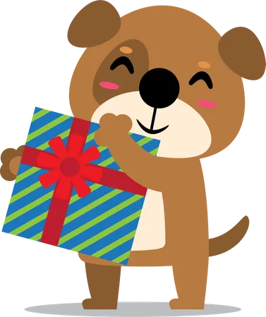 Christmas puppy holding gift  Illustration