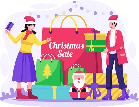Christmas Sale And Shopping Concept With A Couple Enjoying The Christmas Sale By Shopping For Many Things Vector Illustration In Flat Style 일러스트레이션