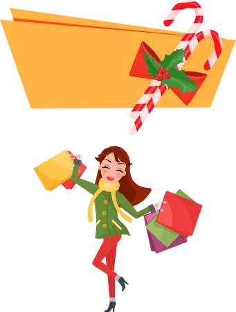 Christmas Sale With Decorations Of Candy And Sweet Cheerful Woman In Overcoat With Scarf And Jeans With High Boots Holding Big Packages Vector Isolated Illustration