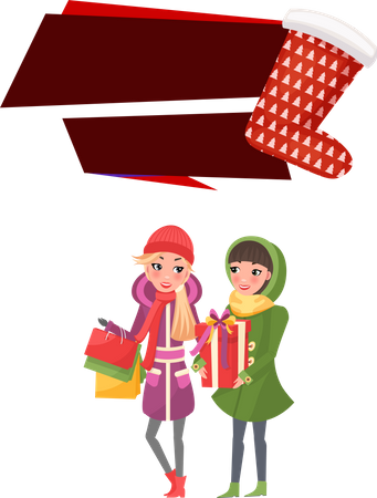 Christmas Sale Friends Female Shopping Together  Illustration