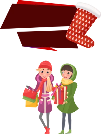 Christmas Sale Friends Female Shopping Together Vector Shoppers With Presents Decorated By Ribbons And Bows Ladies With Packages Bags Sock With Pine Illustration
