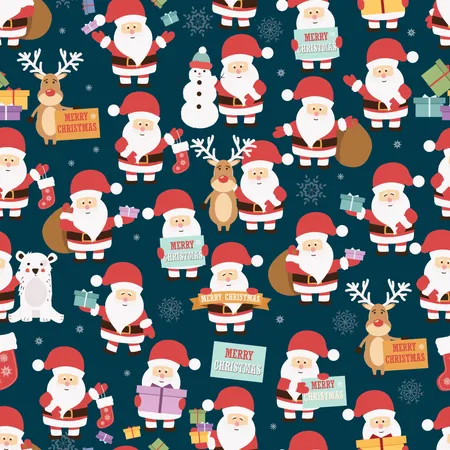 Christmas seamless pattern with Santa Claus, reindeer, bear and gifts Illustration