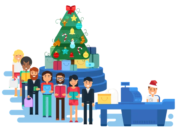 Christmas Shoppers Queue  Illustration