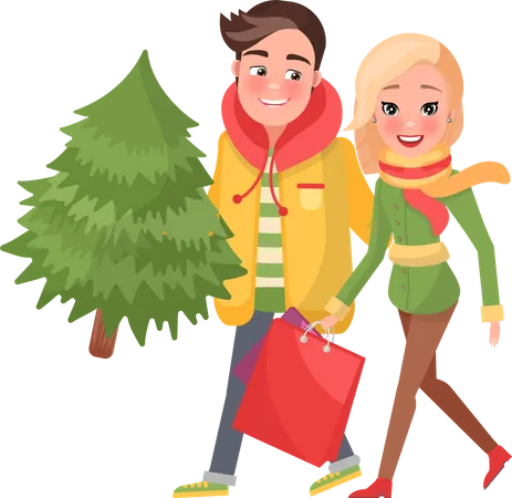 Merry Couple Return From Shopping Christmas Tree And Packages In Hands Happy Young Family Getting Ready To Xmas Eve Man And Woman With Spruce Isolated Vector On White Background Illustration