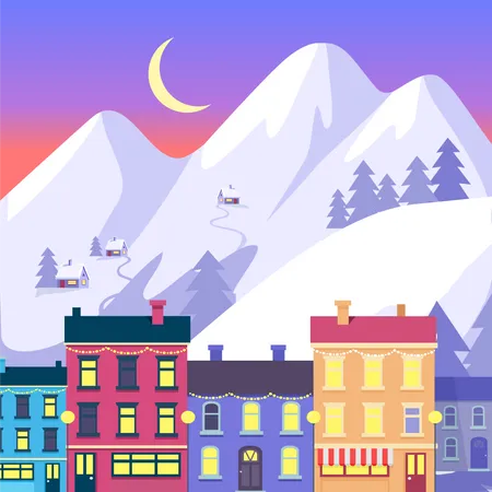 Night Christmas Small Town On High Mountains And Purple Sky With Moon Stars Background Vector Illustration Of Colourful Two And Three Storeyed Buildings With Switched Lights And Festoons On Roofs Illustration