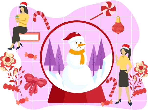 Christmas snowman inside snow globe  Illustration
