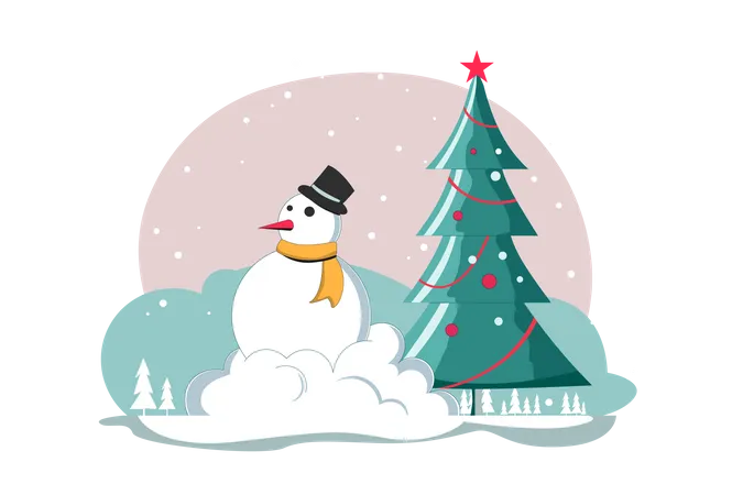 Christmas Snowman with Xmas tree Illustration