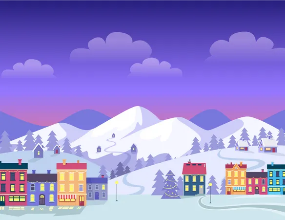 Christmas Town In Evening With Many Decorated Buildings Vector Cartoon Illustration Of Greeting Card With Snowy Mountains And Different Spruces On Them On Background Happy Winter Holidays Illustration