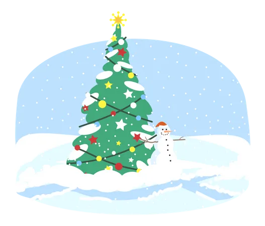 Christmas Tree Flat Vector Illustration Xmas Fir Tree With Decorations And Snowman Cartoon Clipart New Year Greeting Card Design Element Christmas Winter Outdoor Decor ZIP File Contains EPS JPG PNG SVG Illustration