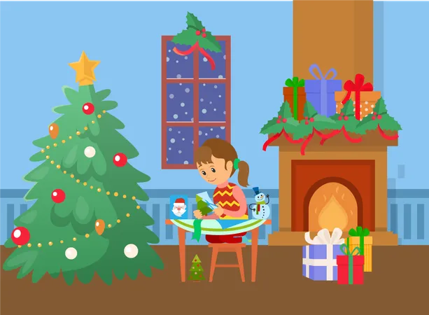 Christmas Tree And Child Making Handmade Presents Vector Home Interior Baubles And Balls Decoration Gifts On Fireplace With Flame Happy Holiday Illustration