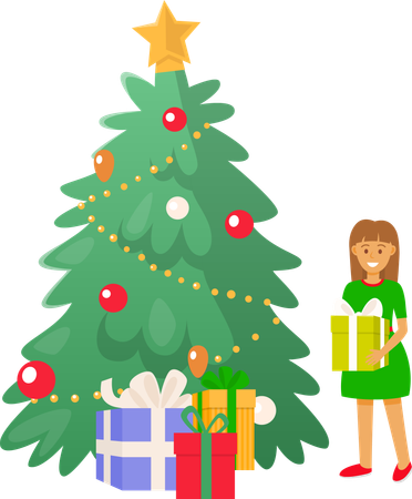 Christmas Tree and Kid Girl Holding Present Gift  イラスト