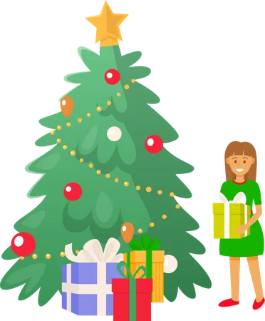 Christmas Tree and Kid Girl Holding Present Gift  Illustration