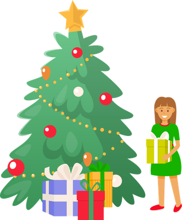 Christmas Tree and Kid Girl Holding Present Gift  Illustration