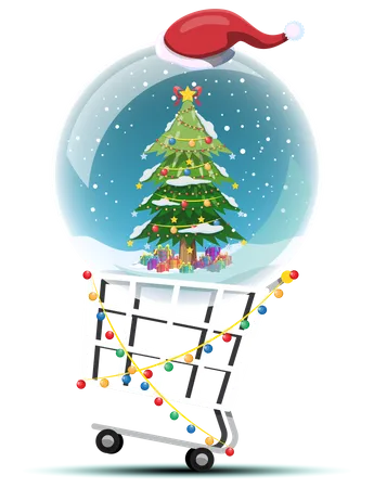 Christmas Tree And Gift Boxes On The Snow In With Santa Hat On Shopping Cart Merry Christmas Cutout Element For Holiday Cards Invitations And Website Celebration Illustration