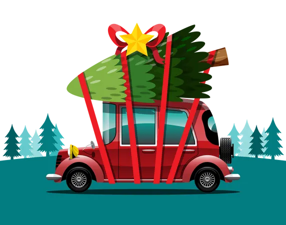 Merry Christmas Vector Illustration Retro Pickup Truck Vintage Style With Christmas Tree Assembled In Graphic Design Advertising Signs Flyers Banners Website And Invitation Cards Celebration 일러스트레이션