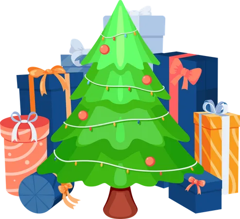 Christmas Tree with Colorful Gift Boxes and Presents Illustration