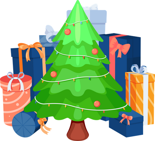 Christmas Tree with Colorful Gift Boxes and Presents  Illustration