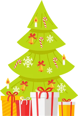 Christmas Tree With Gift Boxes Isolated On White Cartoon Fir Tree With Snowflakes Sweet Candies And Candles With Fire Xmas Holiday Concept Happy New Year Winter Season Holiday Celebration Vector Illustration