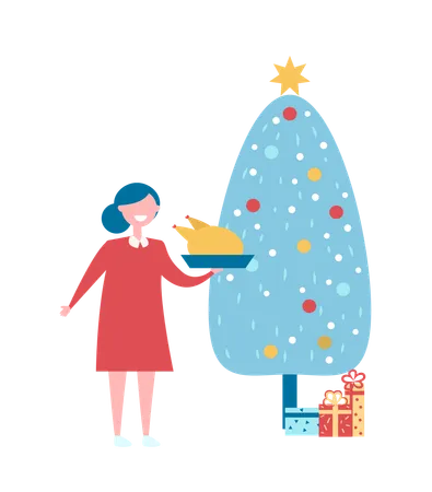 Christmas Tree With Presents And Woman With Dish Prepared For Holiday Dinner Vector Illustration With Decorated Spruce And Mother Holding Fried Turkey Illustration
