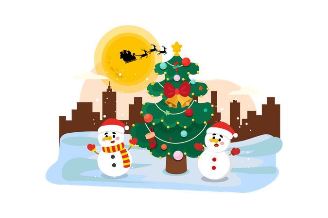 Christmas Tree With Snowman Illustration