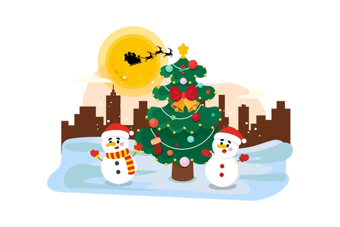 Christmas Tree With Snowman Illustration