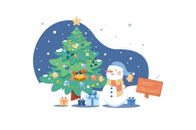 Christmas Tree With Snowman Illustration Concept On White Background Illustration
