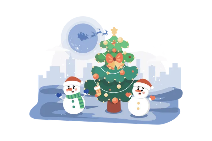 Christmas Tree With Snowman  Illustration