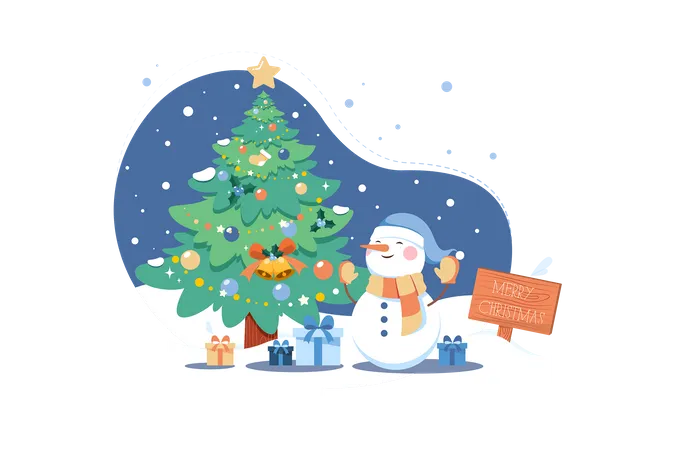 Christmas Tree With Snowman  Illustration