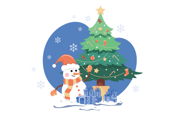 Christmas tree with snowman  イラスト