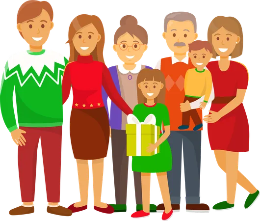 Christmas Winter Holiday Celebration Of People Vector Family Gathered Together To Celebrate Mother And Father Grandparents With Small Grandchildren Illustration
