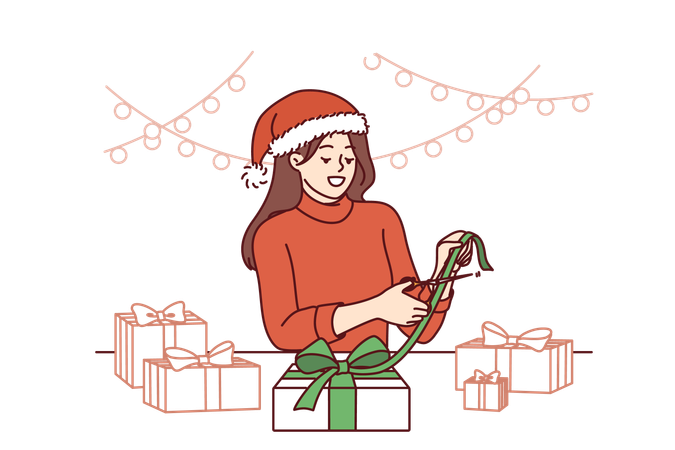 Christmas woman makes gifts with her own hands  Illustration