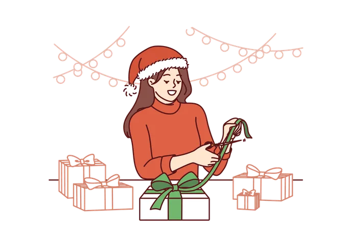 Christmas Woman Makes Gifts With Own Hands Rejoicing At Approach Of New Year Holidays Girl In Santa Hat Preparing Christmas Giftbox For Friends Or Family Members And Making Bow From Ribbon Illustration