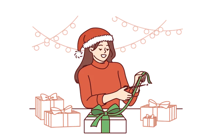 Christmas woman makes gifts with her own hands  Illustration