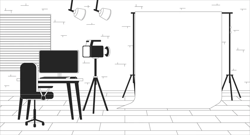 Chromakey Screen At Shooting Set Black And White Line Illustration Empty Video Recording Studio 2 D Line Interior Monochrome Background Realistic Games Development Outline Scene Vector Image 일러스트레이션