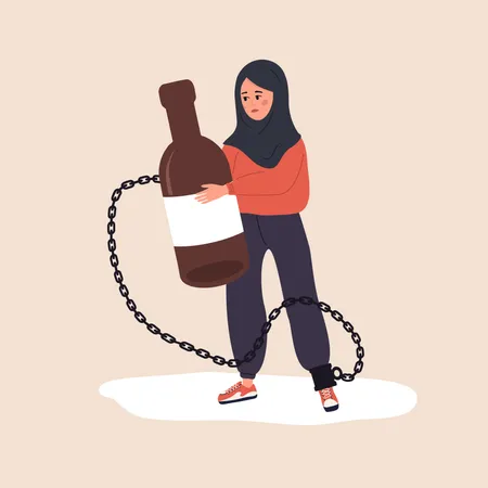 Chronic Alcoholism Drunk Arabian Woman Chained To A Bottle Of Booze Problems In Life Unhealthy Lifestyle Awareness Alcohol Addiction Vector Illustration In Flat Cartoon Style Illustration