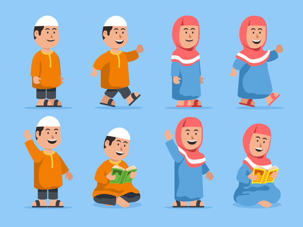 Chubby Boy And Girl Moslem Character Set Illustration