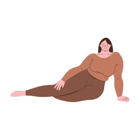 Chubby Woman Wearing Exercise Suit Sitting Pose Vector Illustration In Flat Color Design Illustration