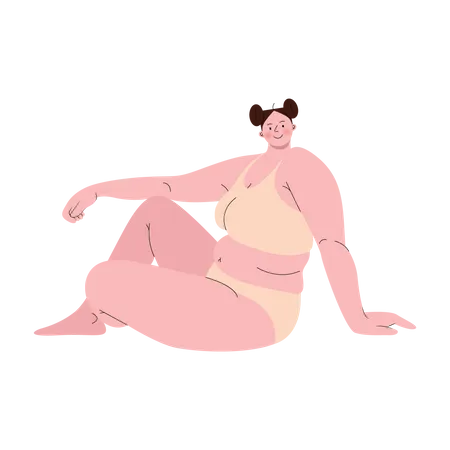 Chubby Woman Wearing Two Piece Sitting Pose Vector Illustration In Flat Color Design Illustration