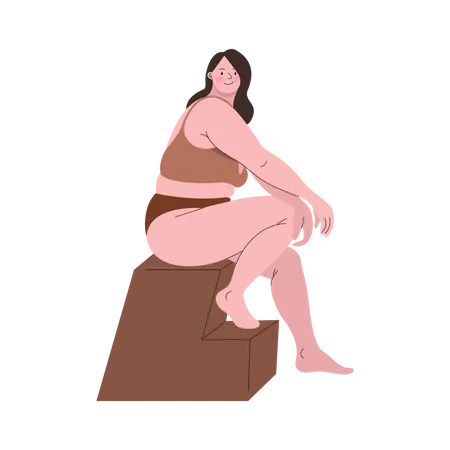Chubby Woman Wearing Two Piece Sitting Pose Vector Illustration In Flat Color Design Illustration