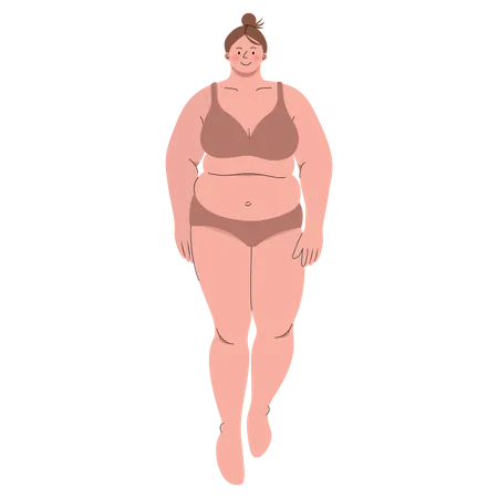 Chubby Woman Wearing Two Piece Walking Vector Illustration In Flat Color Design Illustration