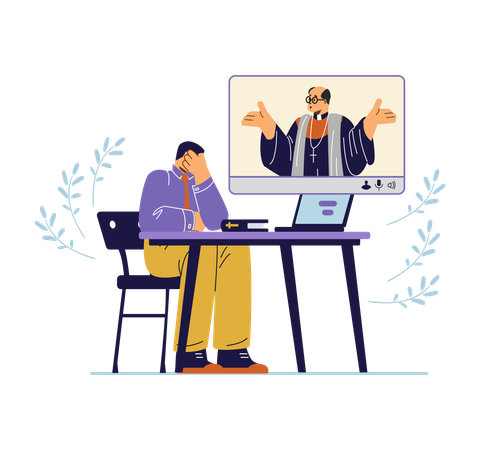 Church pastor online communicates with parishioner  Illustration
