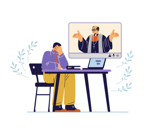 Church pastor online communicates with parishioner  Illustration