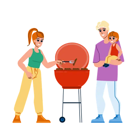 Família cozinhando churrasco  Ilustração