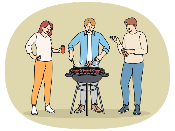 Festa de churrasco com amigos alegres bebendo cerveja e grelhando carne na grelha no parque ou no quintal  Ilustração
