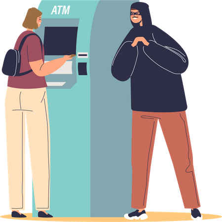 Ciberdelincuente que roba datos personales, contraseña de tarjeta de crédito en cajero automático  Ilustración