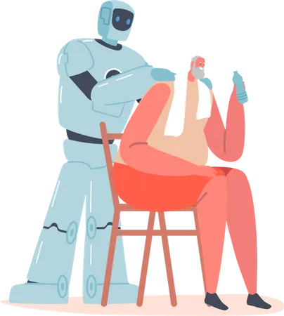 Cyborg massageando ombros de homem idoso  Ilustração