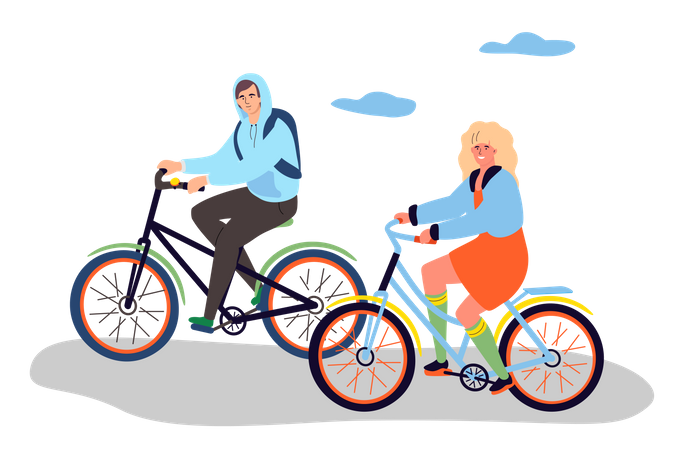 Menino e menina andando de bicicleta  Ilustração